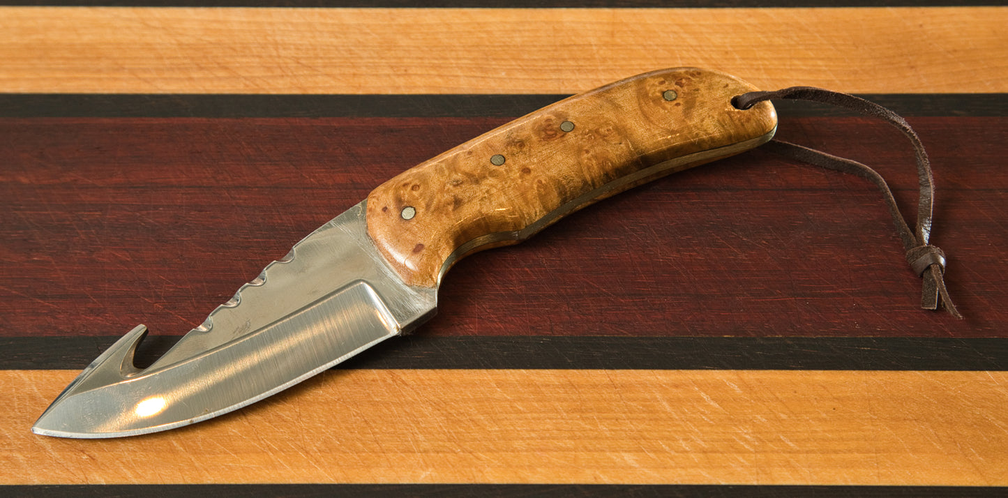 7" Burled Handle Knife with Gloss Blade and Sheath